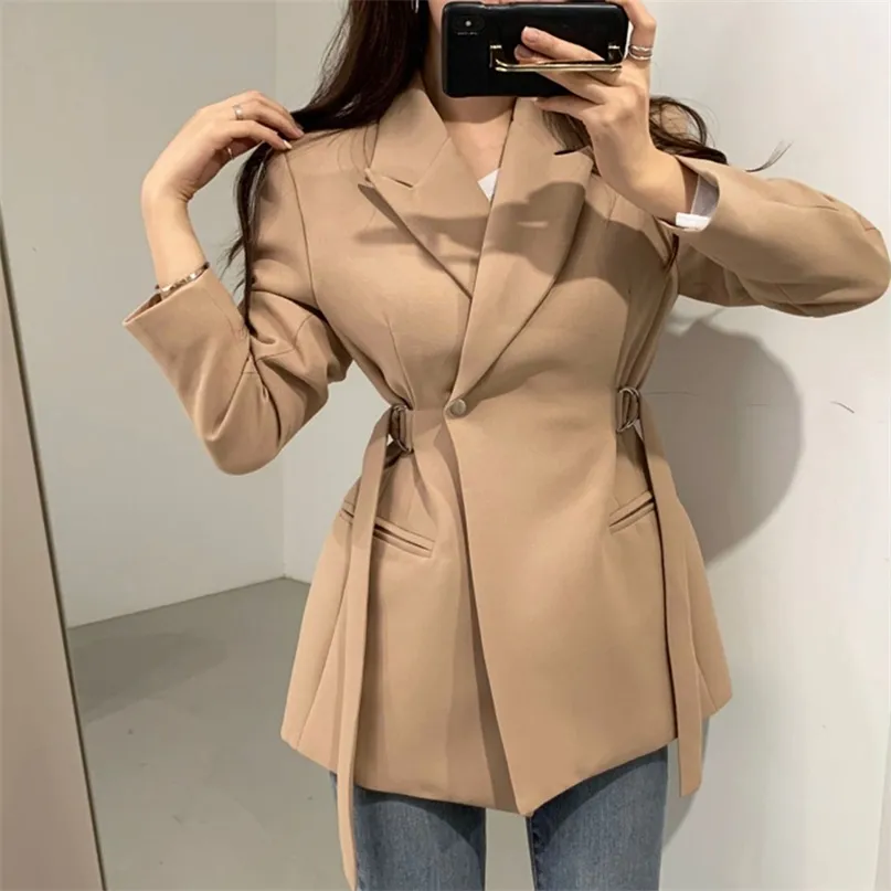 [EWQ] Moda Sonbahar Minimalizm Kadın Blazers ve Ceketler Çalışma Ofis Bayan Takım Elbise Ince Iş Katı Renk Ceket Haki Chic 211019