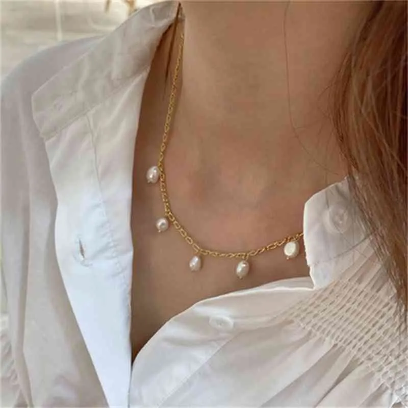 Collana con ciondolo di perle Sier stile coreano placcato oro 18 carati S925 Collana con catena a maglie irregolari in argento sterling per la madre