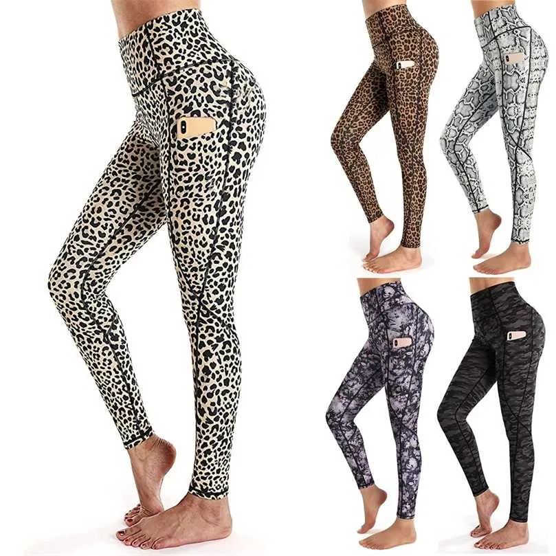 Pantaloni sportivi da fitness da donna Tasche Leggings con stampa leopardata Allenamento a vita alta Corsa Ropa Mujer 211204