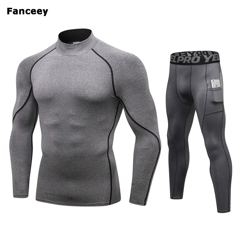 Fanceey High Collar Winterサーマルウエアメンズロングジョンズメンズラッシュガードシャツ+パンツセット暖かい圧縮下着サーモン211110