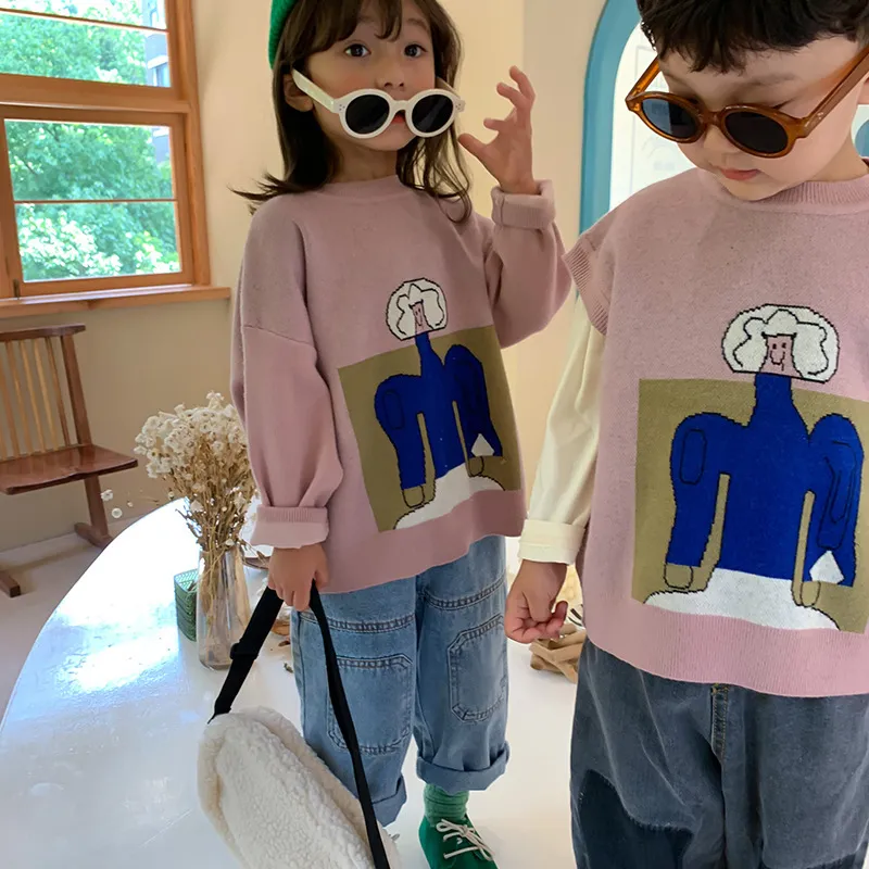 Herfst winter cartoon breien roze truien voor kinderen jongens en meisjes mode losse casual truien 210508