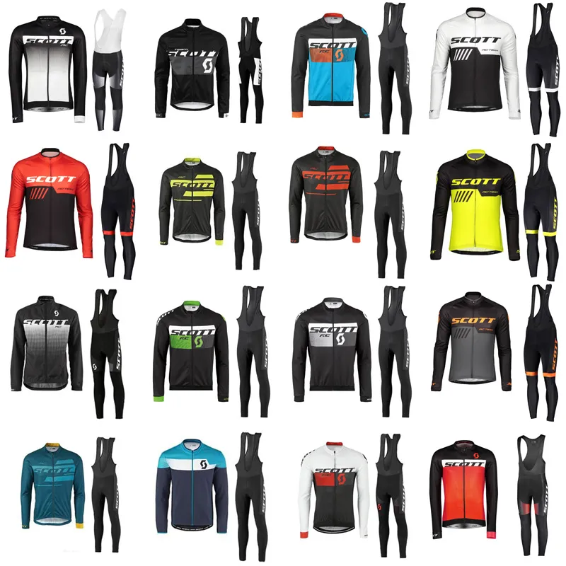 SCOTT Team Ciclismo Maniche lunghe Maglie Pantaloni con bretelle Gel Pad Bike Set MTB Ropa Ciclismo Uomo Ciclismo Maillot Abbigliamento da corsa Y21032513