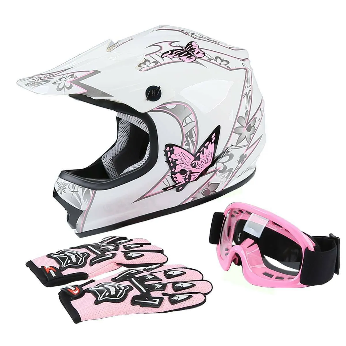 TCMT Motorcycle DOT Youth Kids Full Face Helmet Goggles Gloves Off-Road Bike ATV Pink Red Black