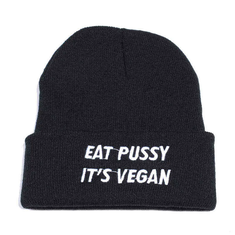 eat pussy its vegan Letters embroidery Women Beanie Casual Cotton Hipster Funny Warm Winter Knitted Hat Unisex Cartoon ski cap Y21111