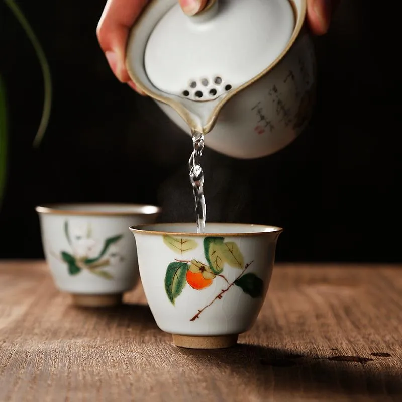 Set da tè cinese resistente al calore fatto a mano Bicchieri Tazza isolata Tazza di cristallo dipinta a mano Bicchiere da vino Vaso Tazze da birra Piattini