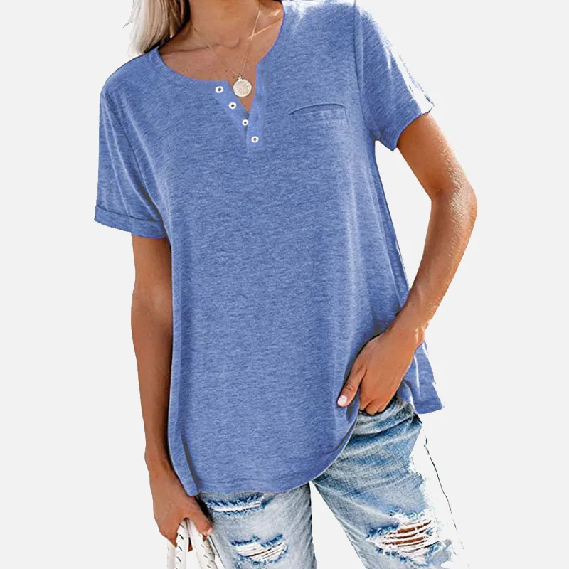 Kvinnor T-shirt Kortärmad Solid V-Neck Plus Size Ladies Tshirts Lossa Basic All-Match Fickor Summer Beach Style Tees 210518