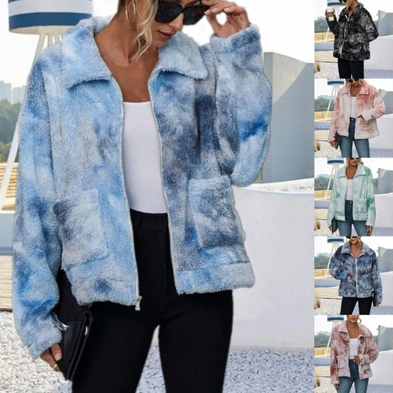 Tie-Dyed Fur Coat Original Women's 2021 Winter Zip-Up Office Lady Full Turn-Down Collar Polyester åldrarna 18-35 år Regular Hoodies Swe