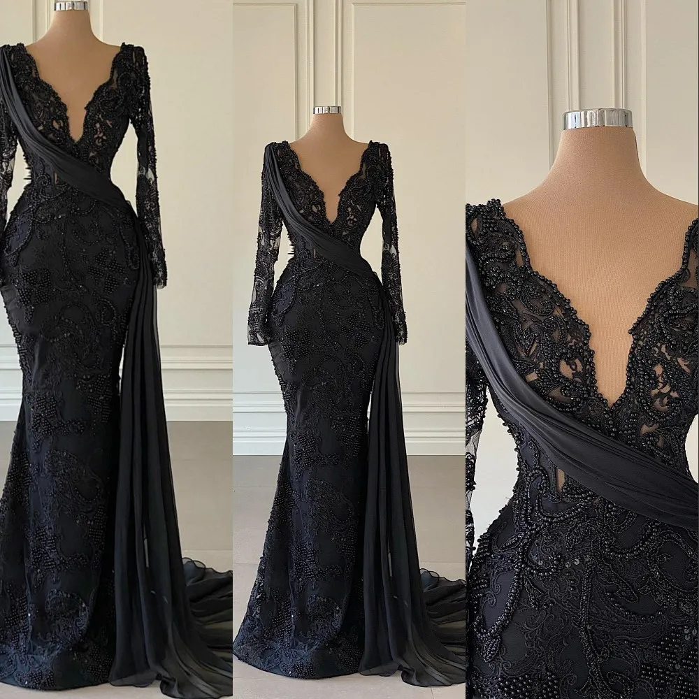 2021 Arabe Aso Ebi Noir Luxueux Robes De Soirée De Sirène Portent Une Robe De Bal À Col En V Profond En Dentelle Cristal Perlé Partie Formelle Deuxième Robes De Réception