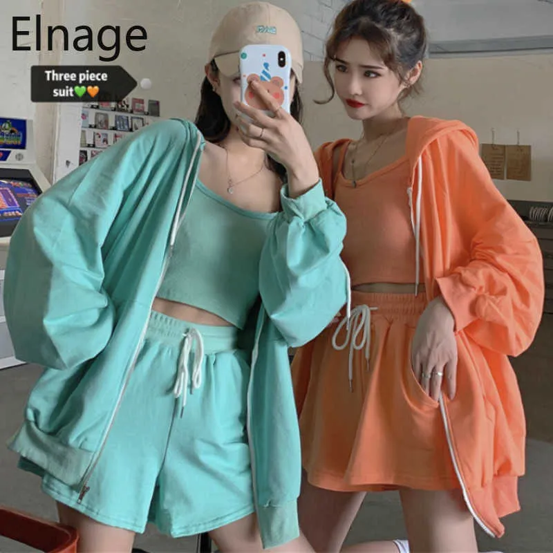 Koreaanse zomer mode casual rits effen lange mouw lace up hooded trui jas slanke drie stuk pak vrouwen 5b364 210610