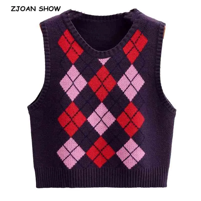 Preppy Style Purple Argyle Plaid Knitted Sweater Vest Women 90's Vintage Korean Clothing Striped V Neck Tank Top Y2K Knitwear 210429