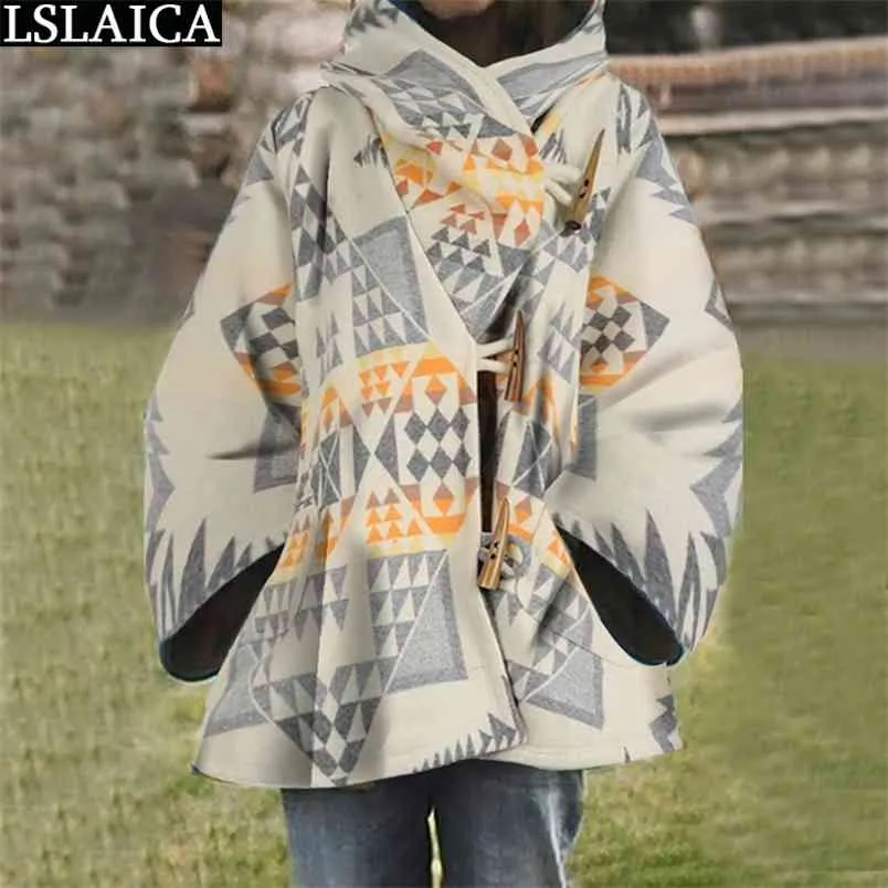 女性のコートプリント暖かい冬の上着長袖フード付きファッションオーバーコートカジュアル秋の女性ジャケットストリートウェアムヤー210513