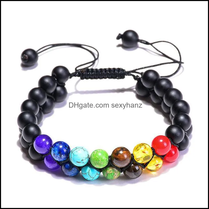 Natural Stone Onyx Lava Colorful Chakra Double Row Energy Adjustable Braid Bracelet Nylon Rope Handmade For Woman Man 2021 Beaded, Strand