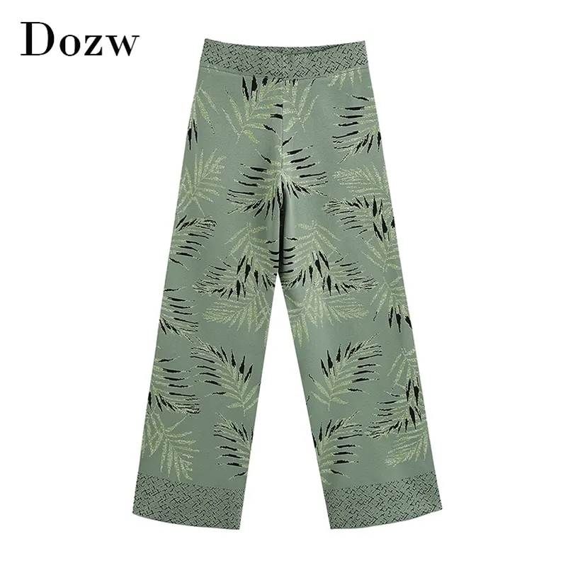 Fashion Floral Patchwork Knitted Pants Women Long Length Loose Wide Leg High Waist Boho Style Trousers Lady 210515