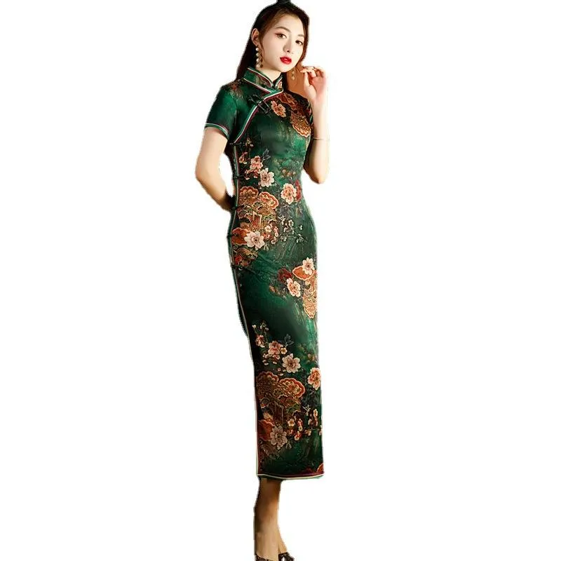 민족 의류 플러스 크기 5xL 녹색 꽃 여성 Qipao 섹시한 하이 스플릿 청소 우아한 슬림 중국 드레스 빈티지 긴 공식적인 매일