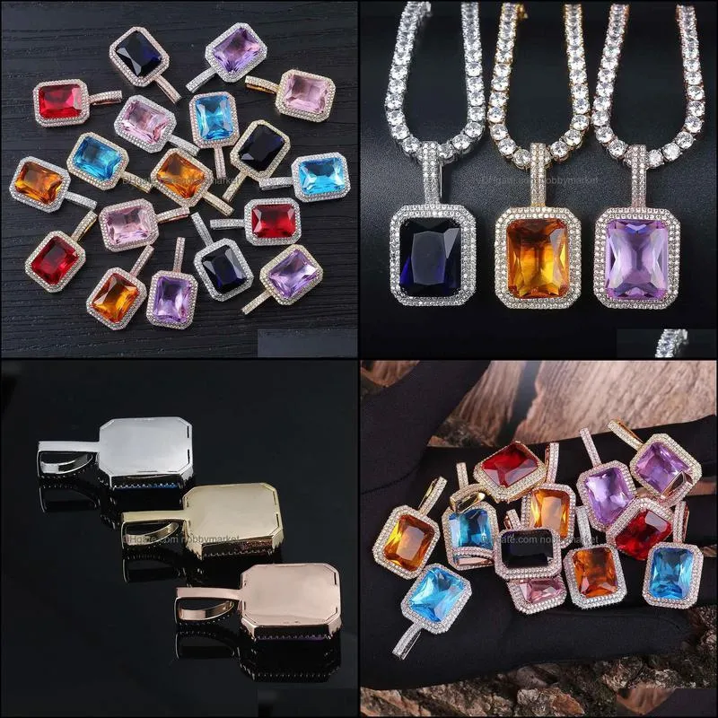 TOPGRILLZ Iced Out Bling Gem Stones Solitaire Pendant Necklace Infinity Stones Solid Back Cubic Zircon Hip Hop Jewelry For Gift 210323