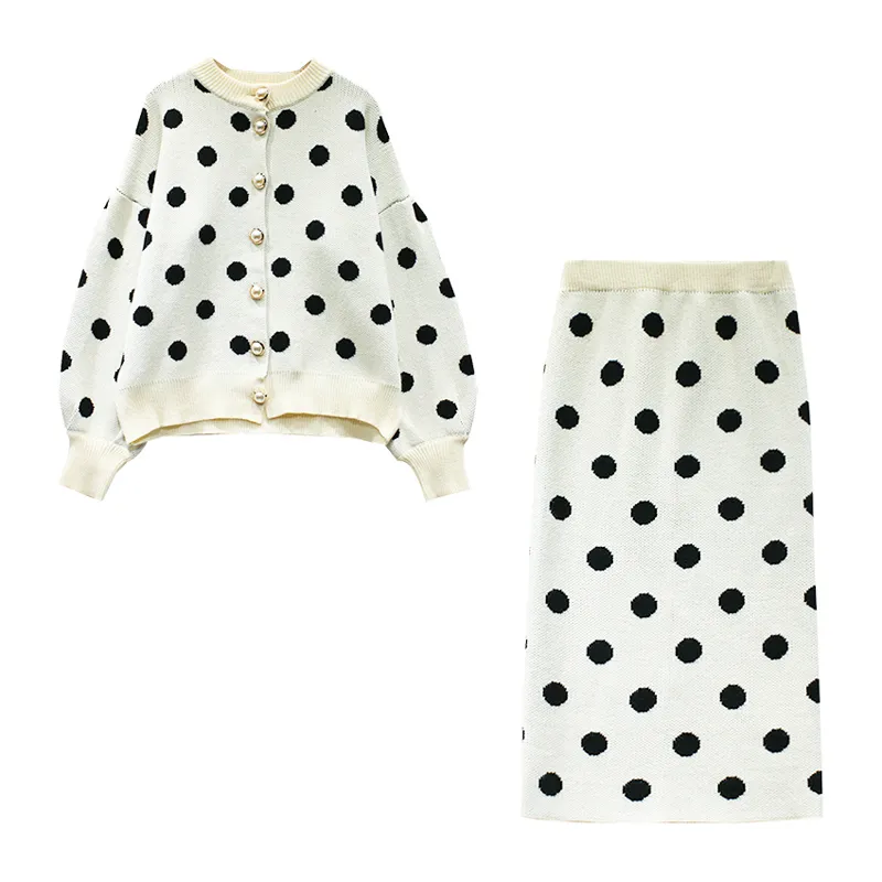 Mujeres Knit Black White Puff Cárdigan de manga larga Media pantorrilla Lápiz Midi Falda Polka Dot Conjunto de dos piezas Elegante T0120 210514