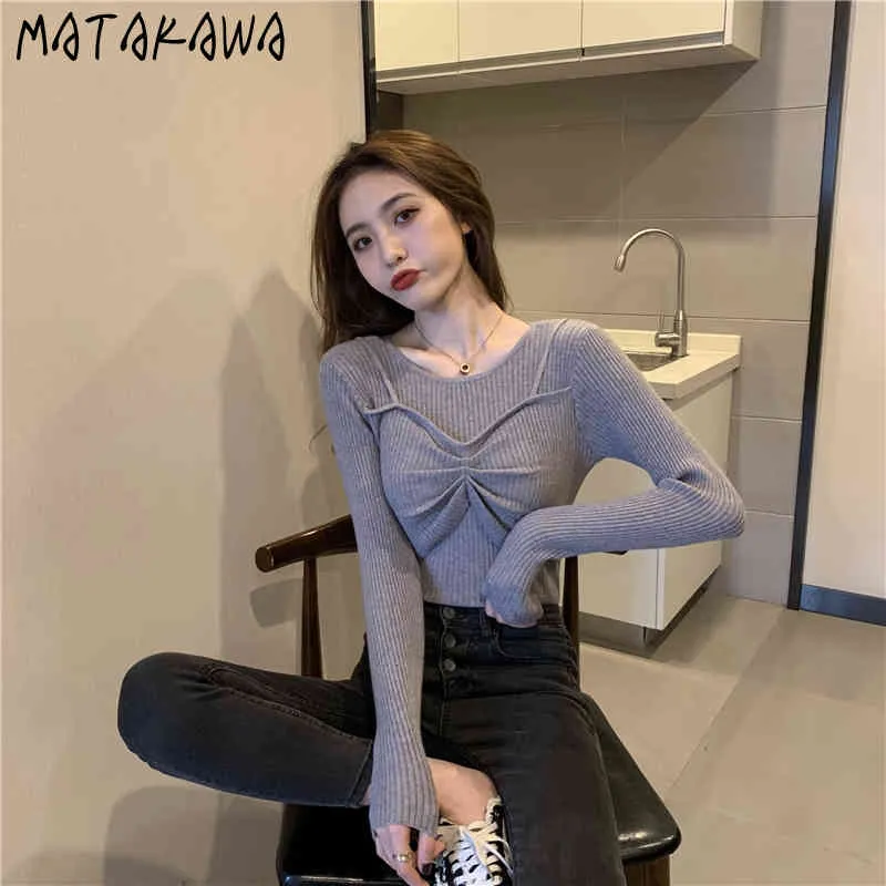 Matakawa Slim Bottoming Tröjor Vår Fake Tvådelad Mode Sweater Kvinnor O-Neck Långärmad Toppar Sweater Kvinna 210513