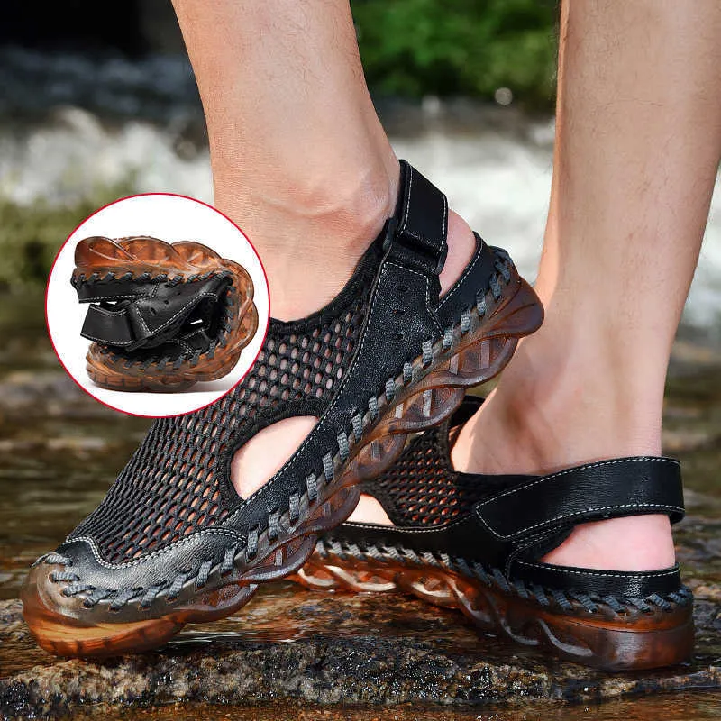 Zomer sandalen Mannen Ademend gaas met gat koesleer schoenen mannelijk comfortabel zachte doorzichtige zool heren casual schoen 210624