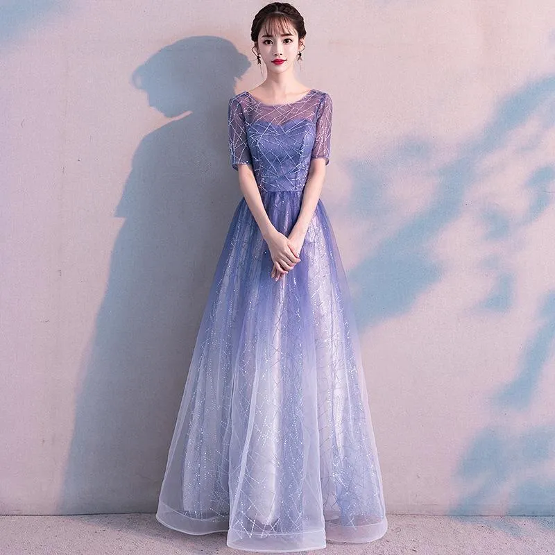 Ethnic Clothing Starry Sky Gradient Blue Lady Evening Dress O-Neck Bling Pleated Dresses Floor-Length Lace Skirt Bridesmaid Wedding Banquet