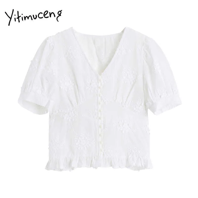 Yitimucengホワイトフローラルブラウス女性フリルズショートシャツパフスリーブVネックソリッド服夏韓国のファッショントップス210601
