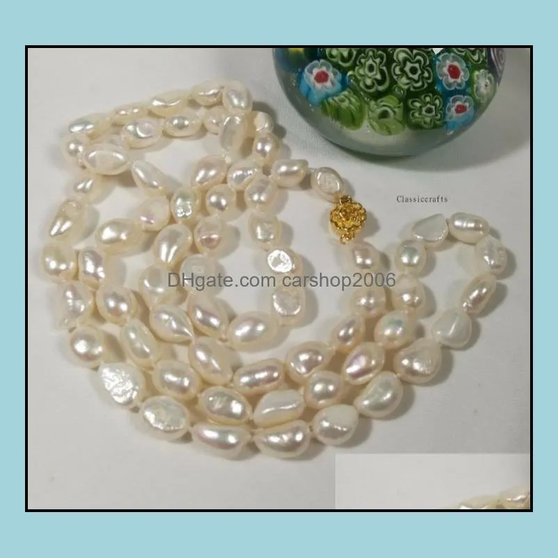 9-10mm Baroque White Natural Pearl Beaded Necklace 35inch 14k Gold Clasp Women`s Gift Jewelry