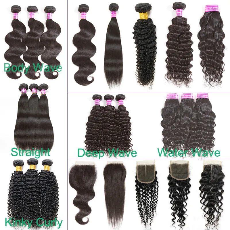 28 36 Inch Human Remy Hair Bundles With Lace Frontal Closure Straight Body Deep Water Loose Wave Jerry Kinky Curly Brazilian Virgin 3 4 Weave Weft Extension 10A Grade