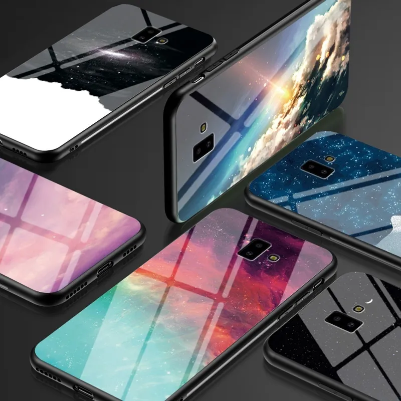 Coques pour Samsung Galaxy J6 J4 2018 Plus Prime J8 couverture mode couleur ciel étoilé dur verre trempé coques de téléphone arrière J400 J600
