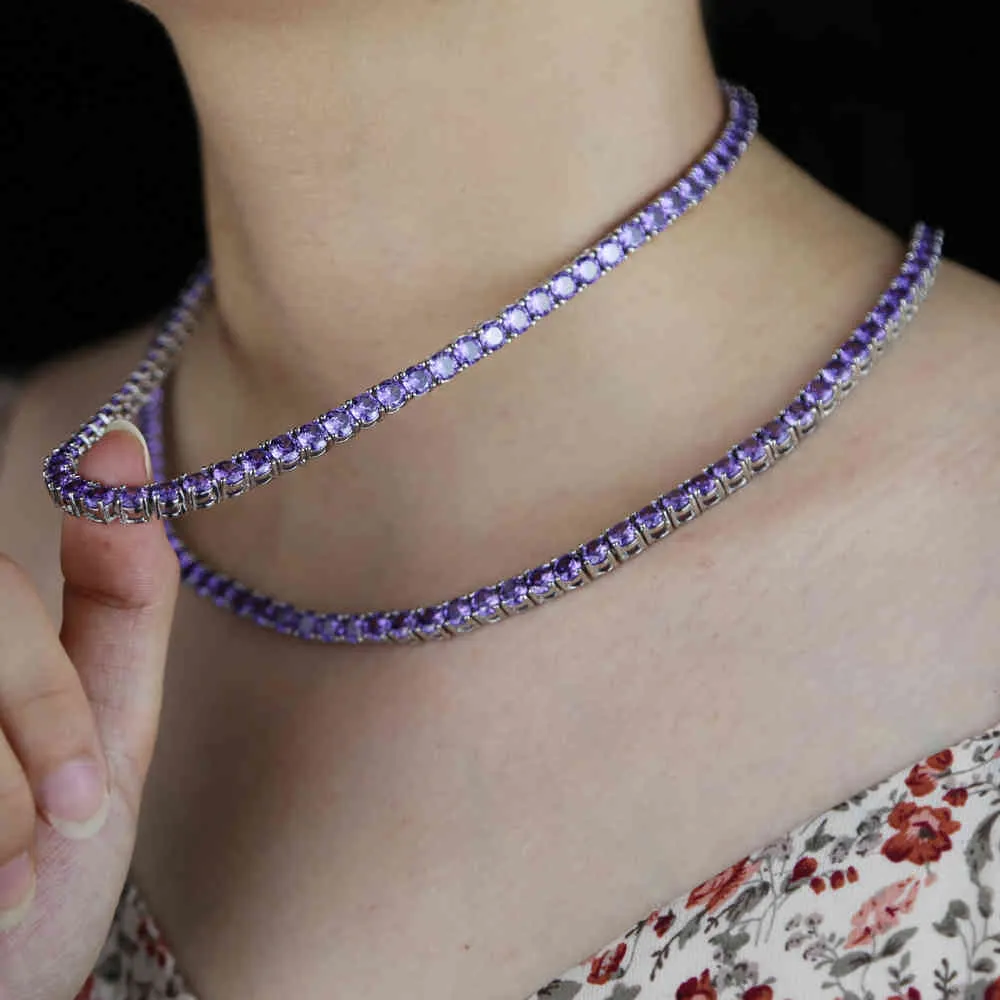 2021 Новая модная ультрамодная умольна из шикарного фиолетового ожерелья Mirco Pave 5A Кубический цирконий CZ Теннисная цепь Причудливые Женщины Ювелирные Изделия Chocker Ожерелье X0509