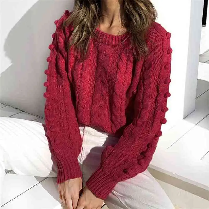 Gestrickte rote Kugeln Pullover Pullover weiblich lässig übergroß Vintage Herbst Winter Langarm Pullover 210427