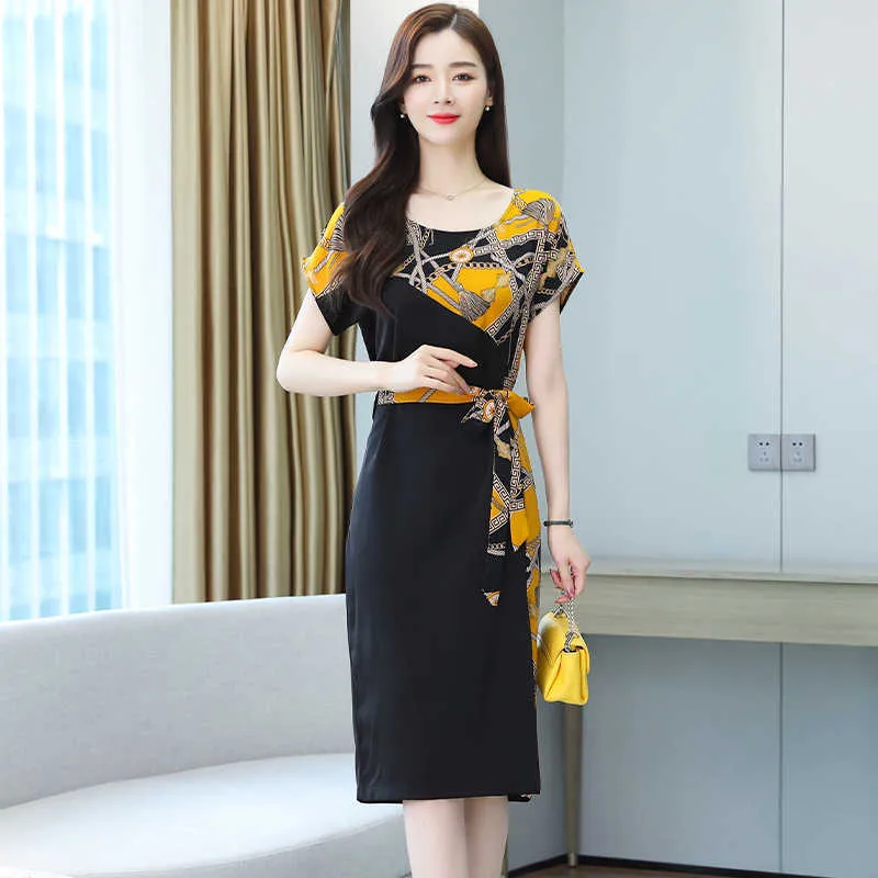 Summer Dress Women Casual Sashes Batwing Sleeve Knee-Length Splice Slit Print Chiffon Dress Plus Size M-3XL 210604
