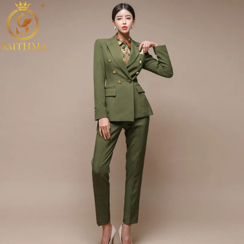Bayanlar Sonbahar Kış Takım Elbise Ofis Çalışması Kruvaze Blazer Pantolon Seti Moda Iş Pantolon Kadınlar için Suits Resmi Pantsuit 210520
