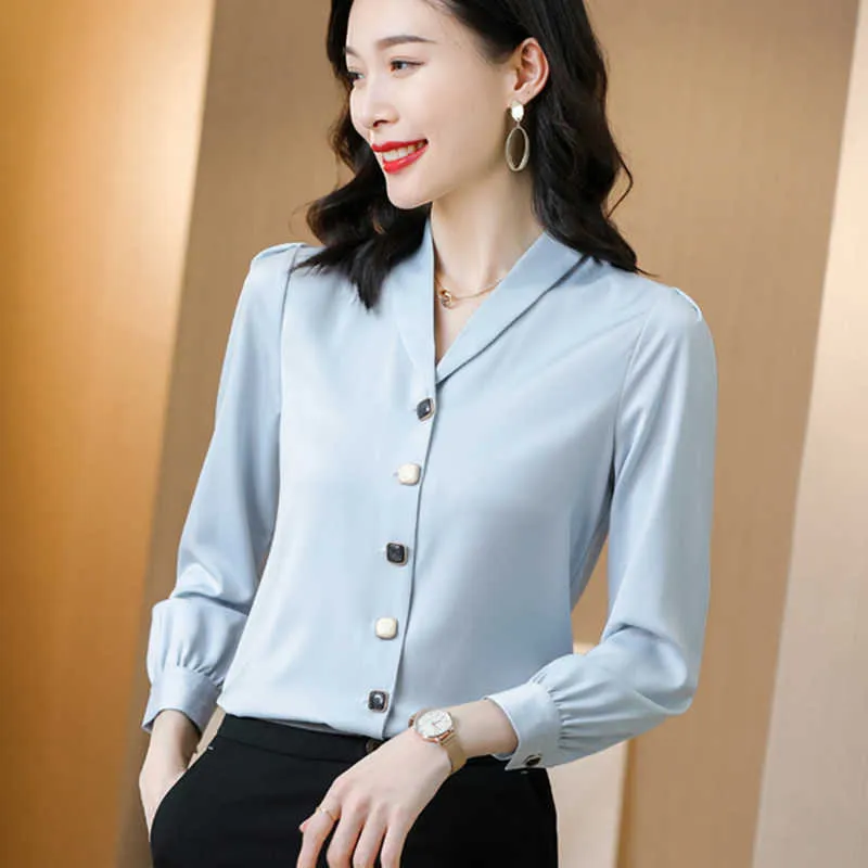 Шелковые рубашки женщины сатин V-образным вырезом блузки с длинным рукавом офис леди белые топы плюс размер женщина блузка 210531