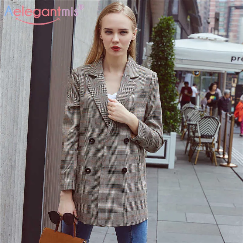 AelegantMis Classic Houndstooth Kobiety Blazers Casual Casual Notched Double Breasted Long Blazer Jacket Office Lady Coats 210607