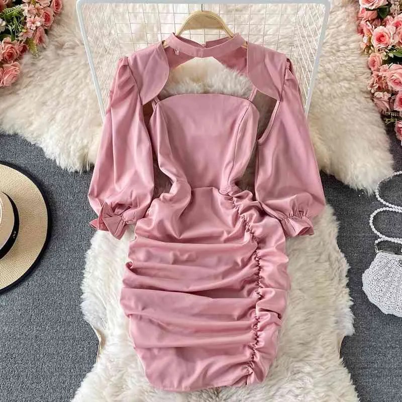 Summer Pink Ladies Dress Tube Top Dress Hanging Neck Puff Sleeve Folds Short Shawl Top Two-piece Suit 210709