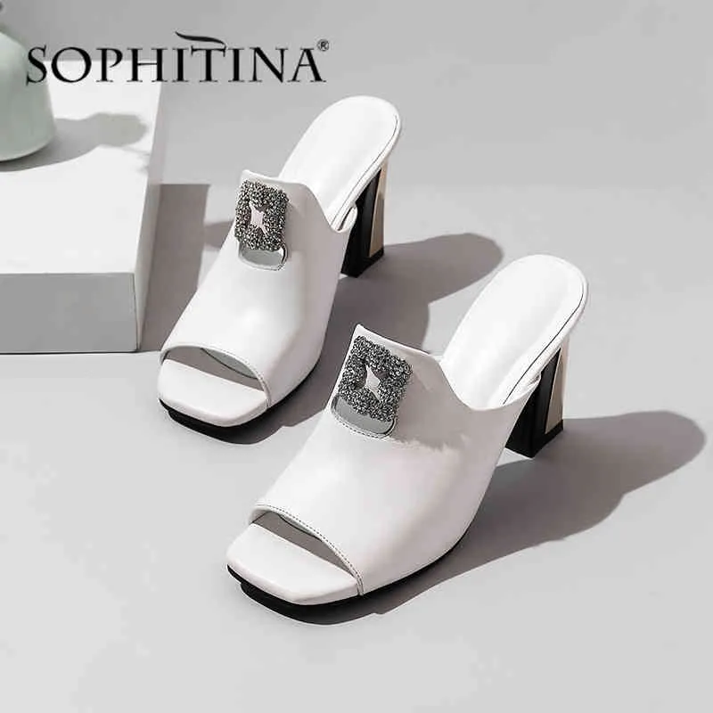 Sophitina 패션 샌들 여성 블링 절묘한 정사각형 버클 금속 하이힐 샌들 기질 섹시 슬리퍼 SO474 210513