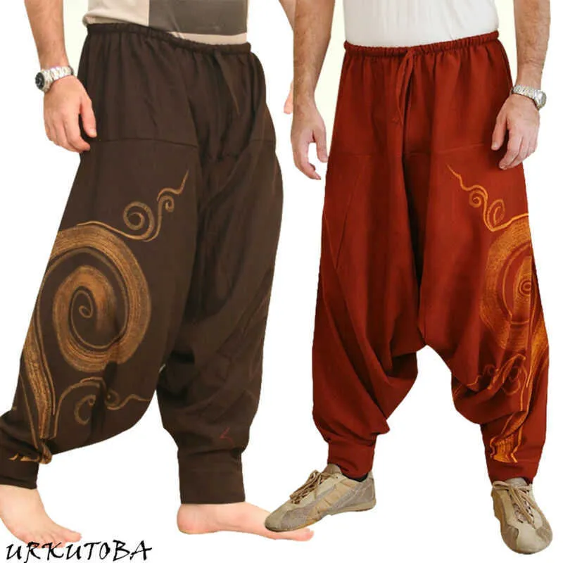 Vintage Men Pants Harem Elastic Casual Baggy Yoga Harem Pants Hip-hop Men Gypsy Cotton Linen Wide-legged Loose Pants Drawstring X0723