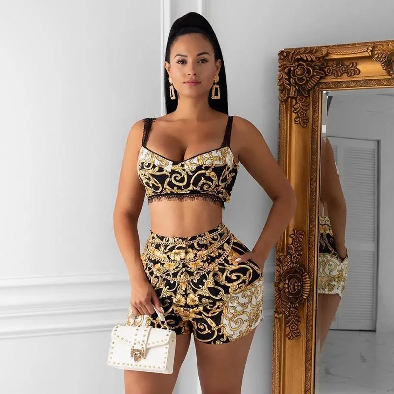 Printed Sexy Two Piece Set Women Summer Clothes Lace Strap Crop Top And Shorts 2 Club Outfits For Clubwear 2021 Women's Tracksuits