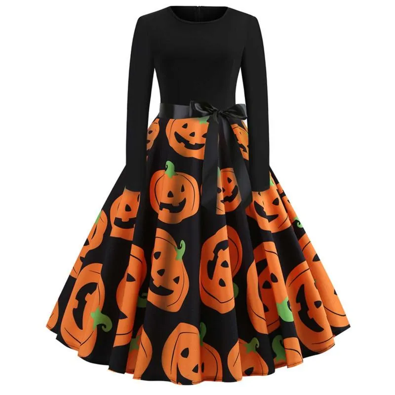 Casual Dresses Women Vintage Dress Halloween Kostymer Svart Patchwork Långärmad Bälte Pumpkin Skriv ut Party Höst Vinter