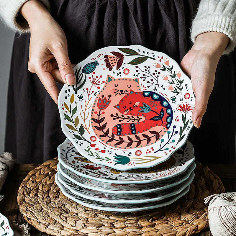 Ceramic Plate 8 Inch Round Dishes Creative Carton Cat Kitchen Household Tableware Dinner Bread Fruit Dessert Tray Flower