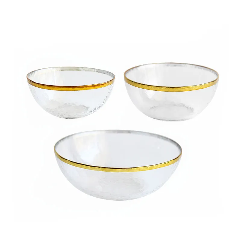 Vintage młotka szklana miska ze złotym wykończeniem okrągłe przezroczyste ręcznie robione japoński styl teksturowane szklane naczynia do sałatki deserowej naczynia owocowe