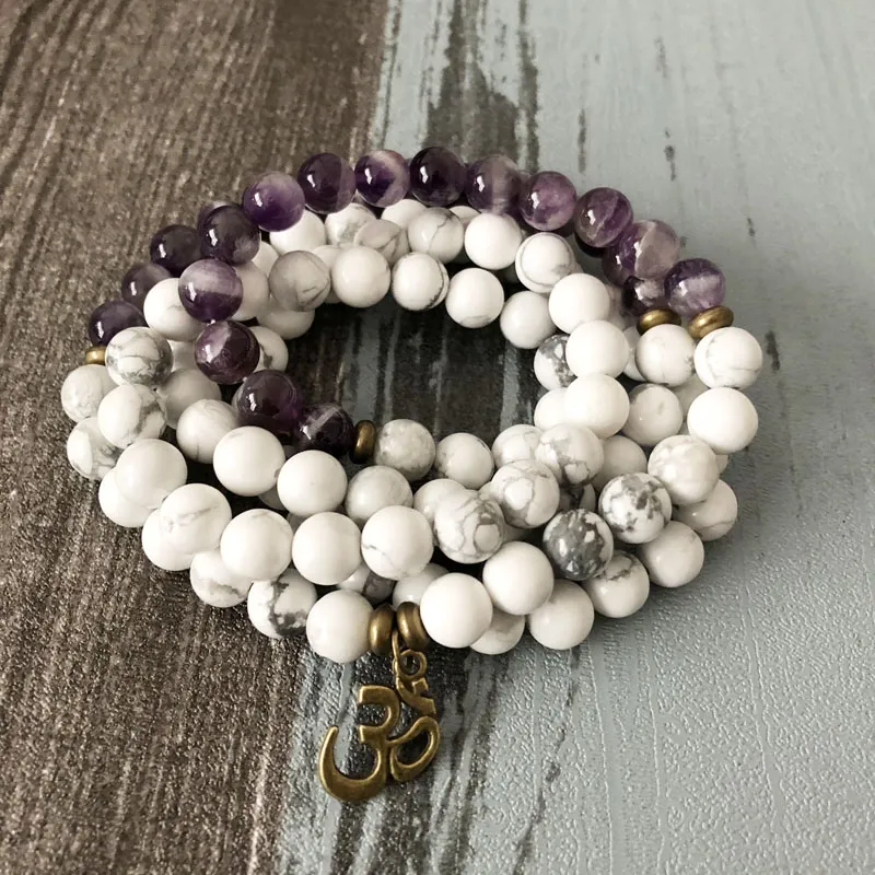 Oração miçangas om colar pulseira roxo a-gate 108 mantra branco mala budista om yoga