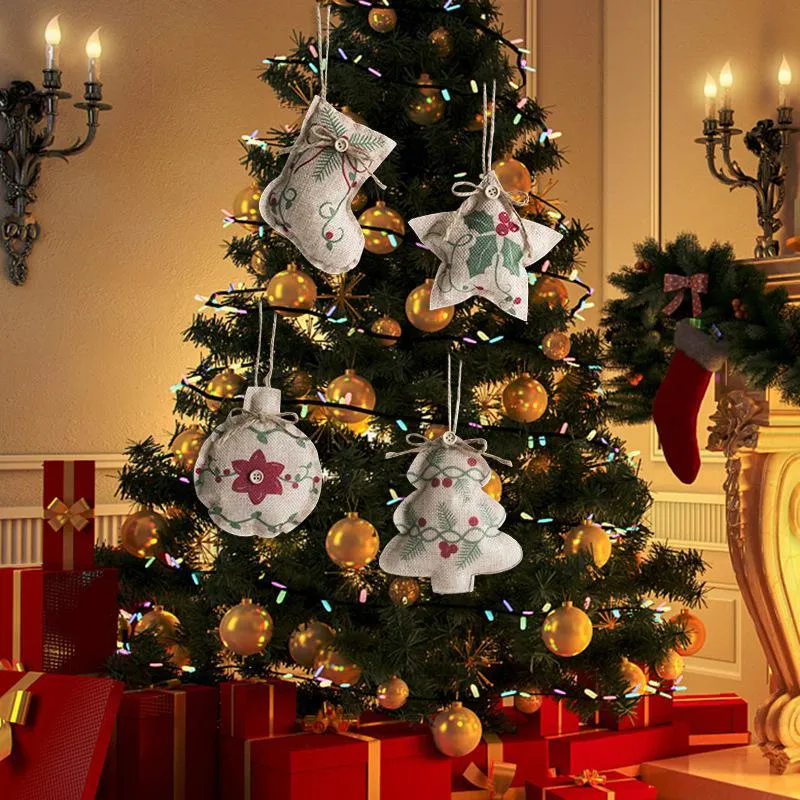 Christmas Linen Pendant Tree Printed Small Strap Ornament-Five-pointed Star Socks Ball Mall Decoration Cloth Embellishment Exquisite ZJTL0167