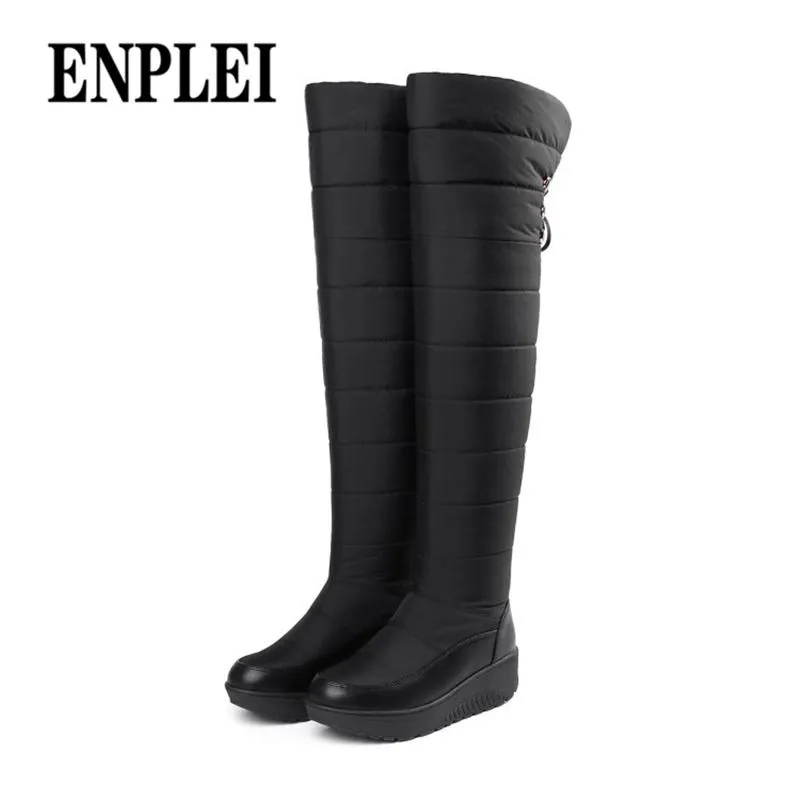 Botas Enpli Down Coxa Alta Neve Mulheres Quente Inverno Mulher Plataforma Plataforma Sapatos Fashion Senhoras sobre o Joelho 35-44