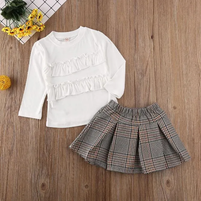 Enfant en bas âge bébé fille vêtements ensembles couleur unie à manches longues fleur à volants hauts Plaids Mini jupe 2 pièces tenues coton vêtements ensemble