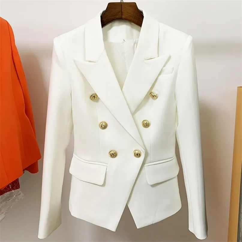 Vit av hög kvalitet White Blazer Women Slim Elegant Blazers Jacket Women's Fiting Metal Lion Button Double Breasted Blazer Femme 211028