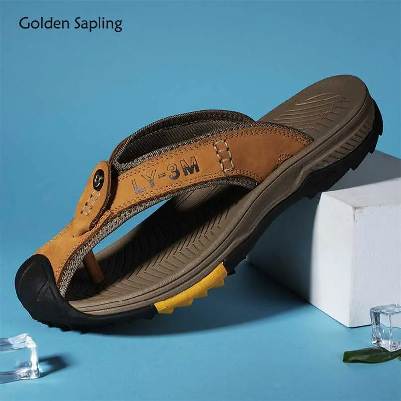 Golden Sapling Flip Flops Véritable Cuir Pantoufles Pour Hommes Rétro Chaussures De Plage Respirant Été Hommes Tongs Classiques Chaussures Casual 211029