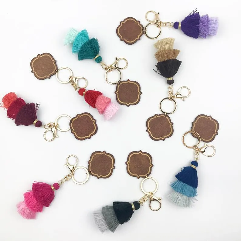 Personalized Wooden Keychain Party Favor Three-layer Cotton Tassel and Chip Pendant Key Ring Multicolor DD771