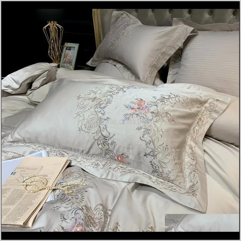 svetanya 600tc egyptian cotton european style embroidery duvet cover set pillow cases flat/fitted sheet duvet cover 201128