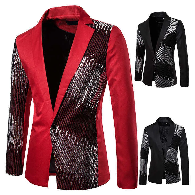 Costumes de robe de paillettes bicolores pour hommes Slim Fit Discothèque DJ Tuxedo Casual Bouton unique hôte Stage Show Singer Blazers Hommes Costume X0628