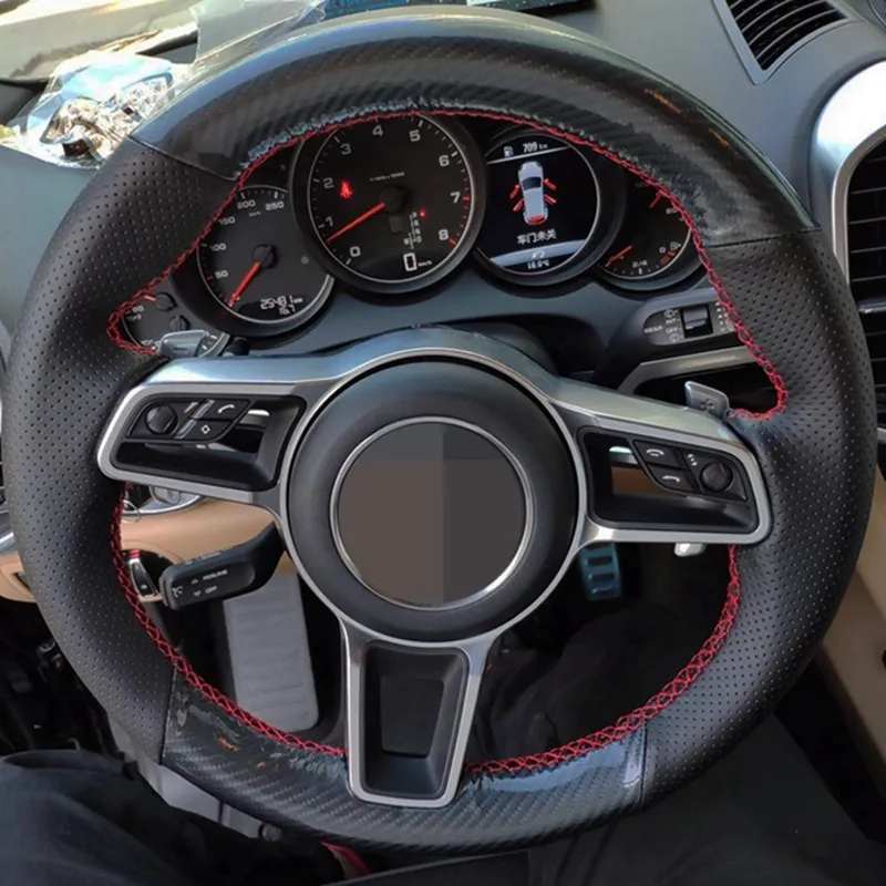 Car Steering Wheel Cover DIY Hand-stitched Non-slip Black Carbon Fiber Genuine Leather For Porsche Cayenne 2015-2016